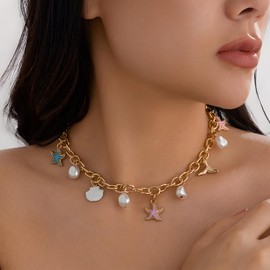 MOTIBACK Ocean Style Charm Necklace Dainty Gold Paperclip Beach Charm Necklace Cute Shell Starfish Pearl Accessory Beach Hexagram Pendant Preppy Stuff Summer Jewelry for Women