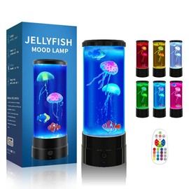 FineLiMoLa Jellyfish Lamp 12"-Black Minimalist Cylinder Table Lamp with 2 Large Jellyfish & 2 Fish,16 Color Changing LED,USB Powered,Remote Control,Jellyfish Light Lamp for Kids Christmas Gift
