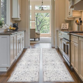 jinchan Runner Rug 3x10-2pcs Washable Hallway Rug Vintage Indoor Thin Retro Floor Cover Distressed Gray Floral Country Lightweight Non Slip Carpet for Entryway Bathroom Kitchen Bedroom Grey