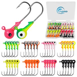 FUSIGO Fishing Jig Heads Hooks Kit Assorted Round Jig Head with 3D Eyes Painted Crappie Jig Heads Fishing Lures for Bass Walleye 3/8oz 1/4oz 1/8oz 1/16oz 1/32oz, 20pcs/40pcs