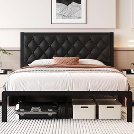 Queen Bed Frame with Headboard PU Leather Upholstered Bed Frame Platform,All Metal Slats Support Platform Bed Frame with Storage Space,Easy Assembly,Noise Free,No Box Spring Needed,Black