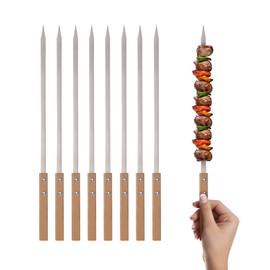 Lineslife 8PCS Kabob Skewers for Grilling, 17" Long Flat Metal Skewers for Kabobs, Reusable BBQ Stainless Steel Sticks with Wooden Handle for Outdoor Camping Picnic Cooking, Silver 3/8 Wide