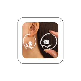 Cimenexe Bohemian Rose Flower Circle Earrings Silver Rose Circle Hoop Earrings Large Flower Circle Earrings Statement Hollow Hoop Earrings Jewelry for Women and Girls Gifts