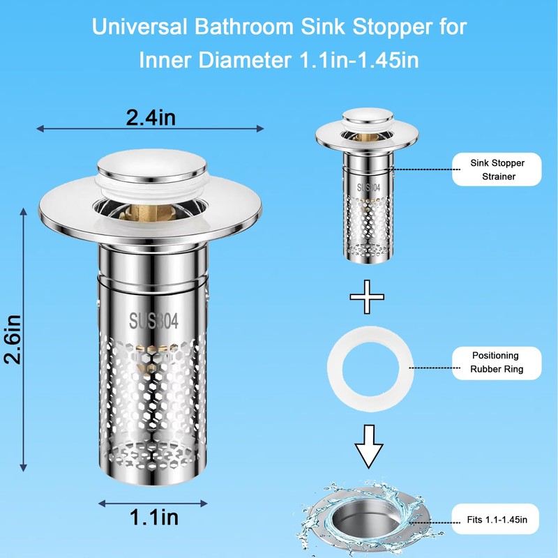 Bathroom Sink Stopper with Hair Catcher, 2Pcs Pop Up Sink
