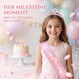 Set Fascia e Corona Compleanno per Ragazza 10 Anni, Accessori Feste Compleanno Eleganti Rosa, Decorazioni Foto e Party, Corona con Cristalli Glitter, Regalo Bambina, Idea Compleanno
