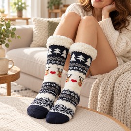 Women's Fuzzy Slipper Socks – Thick Plush Winter Socks with Navy Blue Deer Pattern for Indoor Comfort and Christmas Gifting