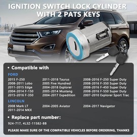 RAMATA Ignition Switch Lock Cylinder with 2pcs Transponder Chip Keys Fit for Ford F150 F250 F350 Focus Escape Mustang Lincoln Mercury & Mazda Models Replace#924-717 4L3Z11582BB