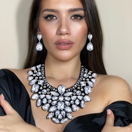 Ever Faith Costume Jewelry for Women, Clear Rhinestone Crystal Chunky Collar Statement Necklace Earrings Set