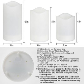 OCTMUSTARD Vela LED solar con sensor de luz impermeable, funcionamiento automático del atardecer al amanecer, 3 x 5 pulgadas, velas de plástico blanco sin llama con luz blanca cálida parpadeante