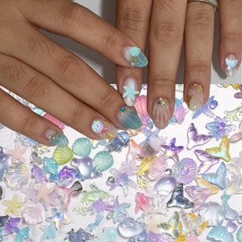 ITPOYOL 100 PCS Beach Nail Art Charms 3D Ocean Theme Nail Charms and Gems Sea Shell Summer Starfish Dolphin Fishtail Charm Rhinestones Jewelry Accessories for Women DIY Manicure Decorations Supplies
