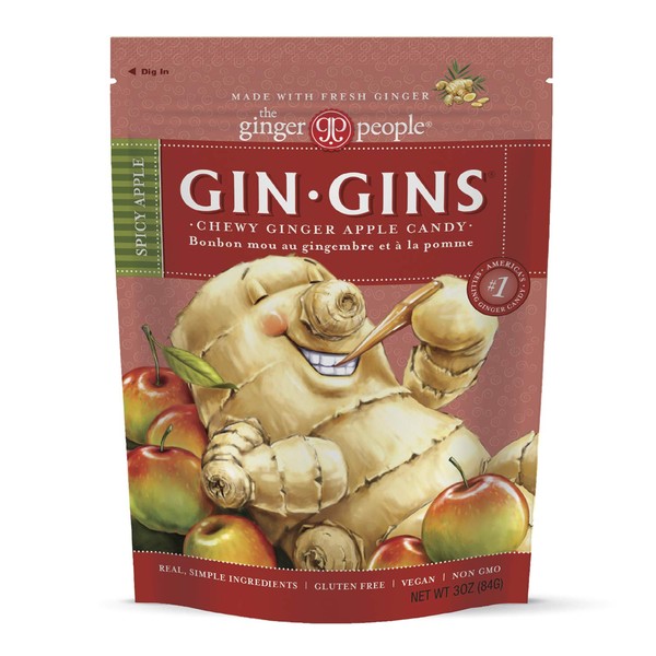 GIN GINS Spicy Apple Ginger Chews by The Ginger People – Individually Wrapped Healthy Candy – 3 oz Bags – Pack of 12
