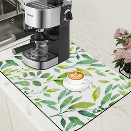 Dish Drying Mat Watercolor Green Leaves Coffee Bar Mat for Countertop Absorbent Coffee Mat Hide Stain Rubber Backed Dish Drainer Rack Mat Coffee Maker Coffee Pot Dining Room Decor 15.7 x 23.6 Inch