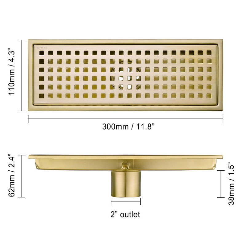 Orhemus Linear Shower Floor Drain with Removable Cover Grid Grate