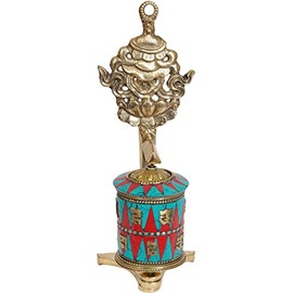 Exotic India Prayer Wheel with Victory Banner (Ashtamangala) - Brass with Inlay Statue