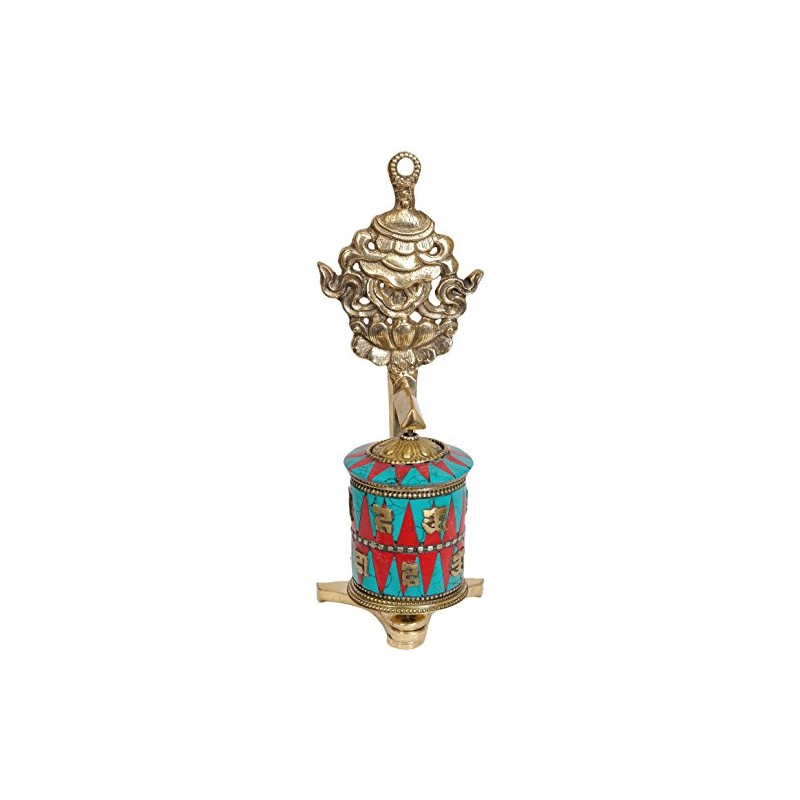 Exotic India Prayer Wheel with Victory Banner (Ashtamangala) - Brass