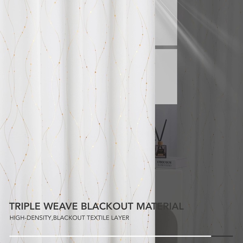 Deconovo Blackout Grommet Gold Pattern Printed Curtains, White, 42W x