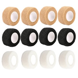 【IPPON】弾性包帯 くっつく包帯 指用 3色 12巻入 テープ不要 自着性 伸縮 自己粘着 通気性 手で切れる テーピング 関節サポート 捻挫予防 多機能 不織布 肌色 黒など 2.5cm*4.5m No.38（D黒白肌2.5cm３色12巻入り）