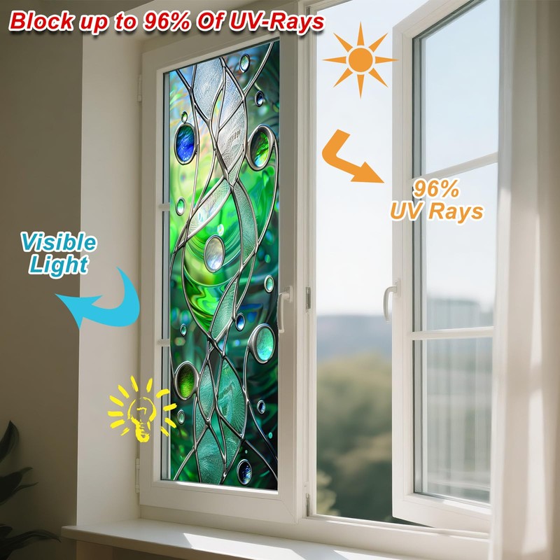 Privacy Window Film Stained Glass Window Blue Green Wave Decorative