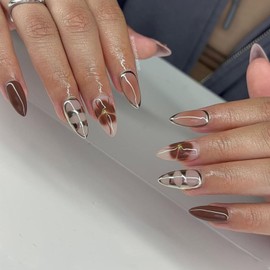 IMRAIN Press on Nails Medium Almond Fake Nails Glossy Glue on Nails Nude Brown Full Cover French Tips Stick on False Nails for Women Girls Acrylic Nails Decorations 24Pcs