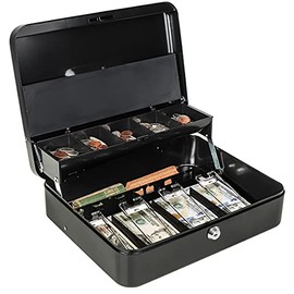 Cash Box with Money Tray and Key Lock, Parrency Large Money Box, 5 Compartments with Cover for Cions & 4 Spring-Loaded Clips for Bills, 11 4/5" x 9 2/5" x 3 1/2",Black