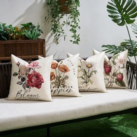 Dorunfeey Set of 4 Outdoor Cushion Covers, Waterproof Flowers, 40 x 40 cm, Waterproof Cushion Cover, Square Decorative Cushion, Sofa Cushion, Country House Style Cushion Decoration for Sofa