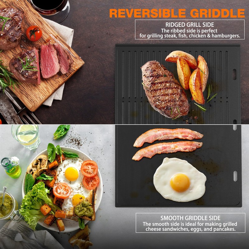 Onlyfire Universal Cast Iron Griddle, Reversible Cooking Griddle for Gas/Charcoal