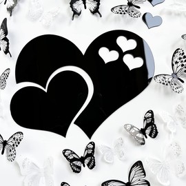 3D Crystal Butterfly and Acrylic Mirror Hearts Wall Stickers with Adhesive Art Decal Satin Paper Baby Kids Bedroom Home DIY Decor Removable Stickers (36 Butterfly and Black Heart)