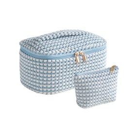 Kallsi 2 Pcs Small Makeup Bag for Women, Plush Cosmetic Bag, Makeup Pouch for Purse, Travel Toiletry Bag, Cute Make up Organizer Set Blue Dot