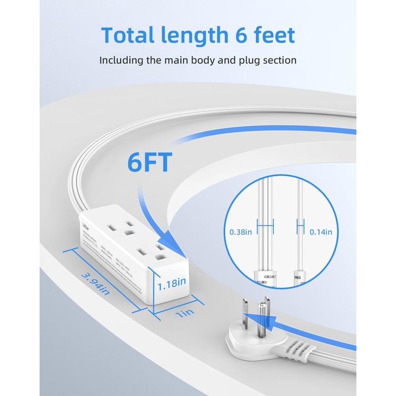 Flat Plug Extension Cord with 3 Outlets - 6 ft