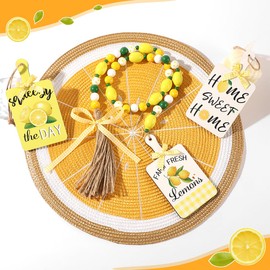 Handcrafted Lemon Farmhouse Decor Set - 48" Wood Beaded Garland, 2 Wall Hangings & 15" Heat-Resistant Placemat for Rustic Kitchen Decor, Table, Tiered Tray Accents & Tropical Table Setting Gift