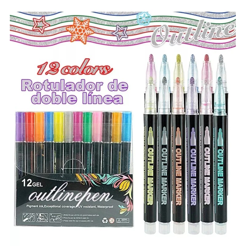 KFMX Plumones De Contorno Metálicos Doble Linea 12 Colores