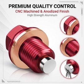 M14 x 1.5 Magnetic Oil Drain Plug, CNC Aluminum Alloy Drain Bolt with Copper Crush Washer, Engine Oil Pan Replacement Repair Oil Pan Drain Plug, Universal for Most Cars SUVs Trucks (Red)
