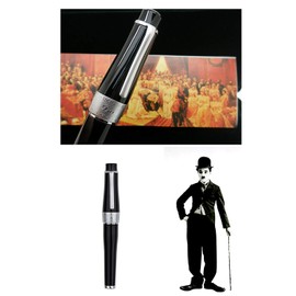 Duke 2009 Charlie Chaplin Commemoration Fountain Pen Bent Nib, Black Heavy Fude Pen with Small Pen Bag