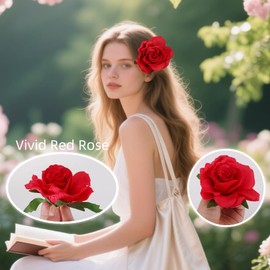 2 Pack Red Rose Hair Clips with Leaves Rose Fabric Pin Brooch Mexican Flowers for Hair Cute Handmade Floral Accessories for Hawaii Wedding Decoration