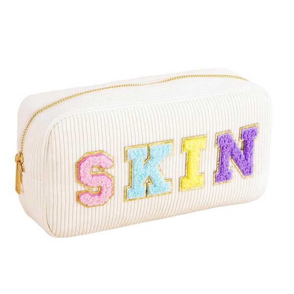 Preppy Patch Makeup Bag,Travel Cosmetic Bags Corduroy Portable Waterproof Toiletry
