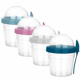 EYNEL 4 Pack 17 oz Small Breakfast On The Go Yogurt Parfait Cups, Reusable Plastic Containers with Lids and Spoons, Perfect Jars for Overnight Oats Cereal Granola Oatmeal and Snack Prep (4 Colors Set)