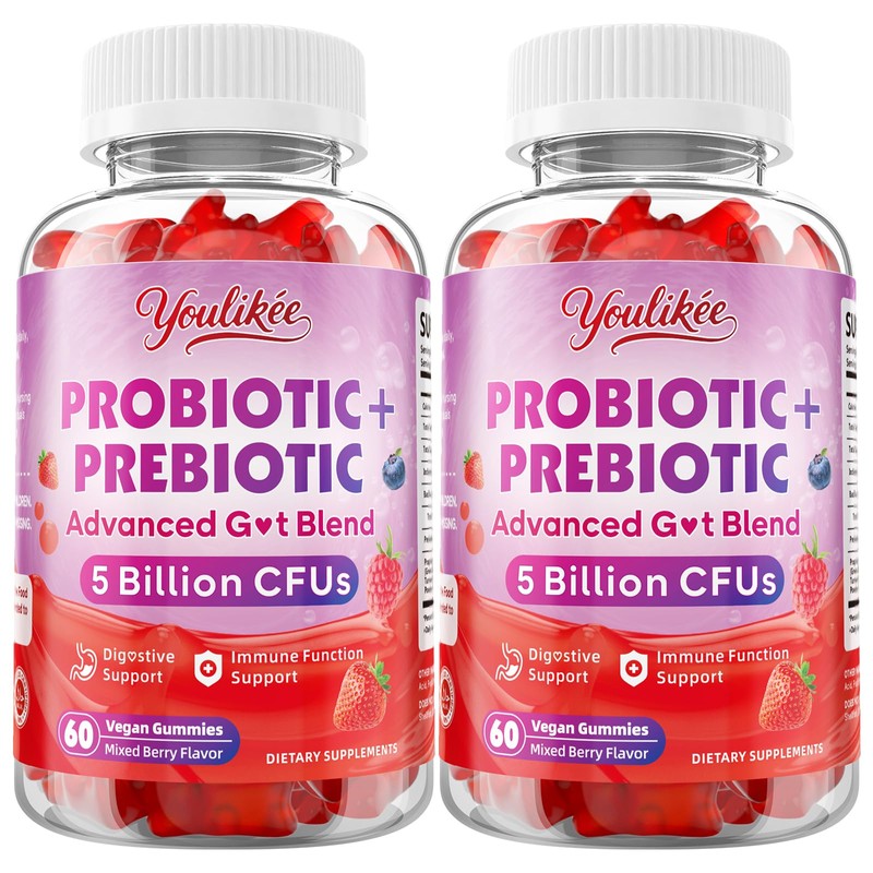 Youlikee 2 Pack Prebiotic + Probiotic Gummies, 5 Billion CFUs