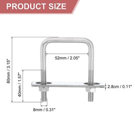 sourcing map 2Sets 304 Stainless Steel Square U-Bolts, 2.05" (52mm) Inner Width 3.15" (80mm) Length M8 with Nuts, Frame Plate, Gasket for Automobiles Trailer, Ski Boat, Fishing Boat, Pipelines