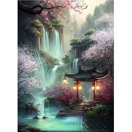 Semneroy Waterfall Landscape Diamond Art Kits for Adult,Flower Gazebo Diamond Painting Kits,Full Drill Paint with Diamond Dot Gem Art Painting for Home Decor 12x16 inch