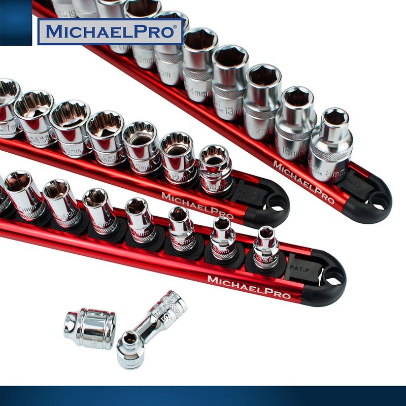 MichaelPro 3-Piece Aluminum Socket Organizer Rail Set- 1/4-inch, 3/8-Inch, and