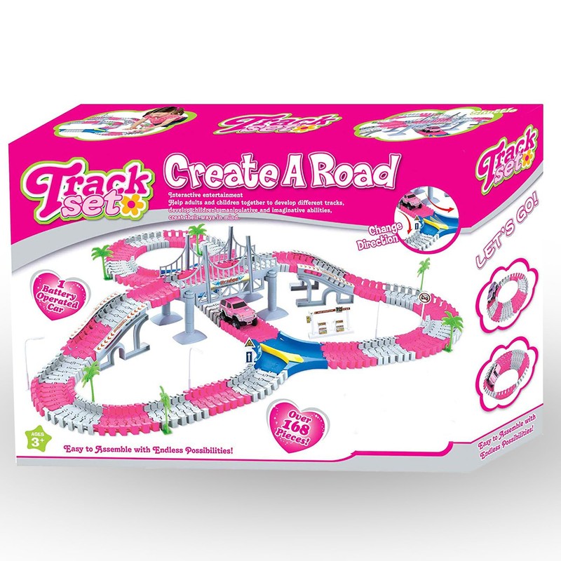 168 PCS Pink Magic Bendable Race Track Toy, Snap Together
