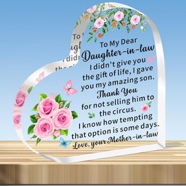 JMIMO Daughter in Law Gifts, Daughter in Law Birthday Gifts Wedding Christmas Heart Shaped Acrylic Plaque Gifts for Daughter in Law From Mother In Law - I Gave You My Amazing Son