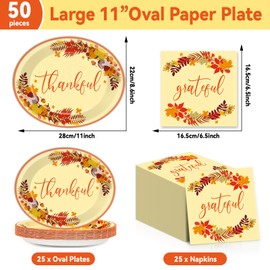 50PCS Thanksgiving Oval Paper Plates and Napkins Large 11” Disposable Fall Party Autumn Maple Leaf Give Thanks Platter, Gold Foil Fall Design Heavy Duty Dish Tray for Carnival Dinner Tableware, Yellow