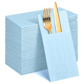 Pack of 60 light blue linen napkins with integrated cutlery pocket, youth dedication decoration, 40.6 cm x 40.6 cm, christening napkins, fabric-like disposable napkins for cutlery, wedding, baby shower, birthday, bridal shower