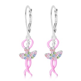 925 Sterling Silver Ballerina Leverback Hypoallergenic Enamel Earrings for Kids With Crystal Elements Safe For Girls Children Infants Toddlers Babies and Tween White Gold Toned