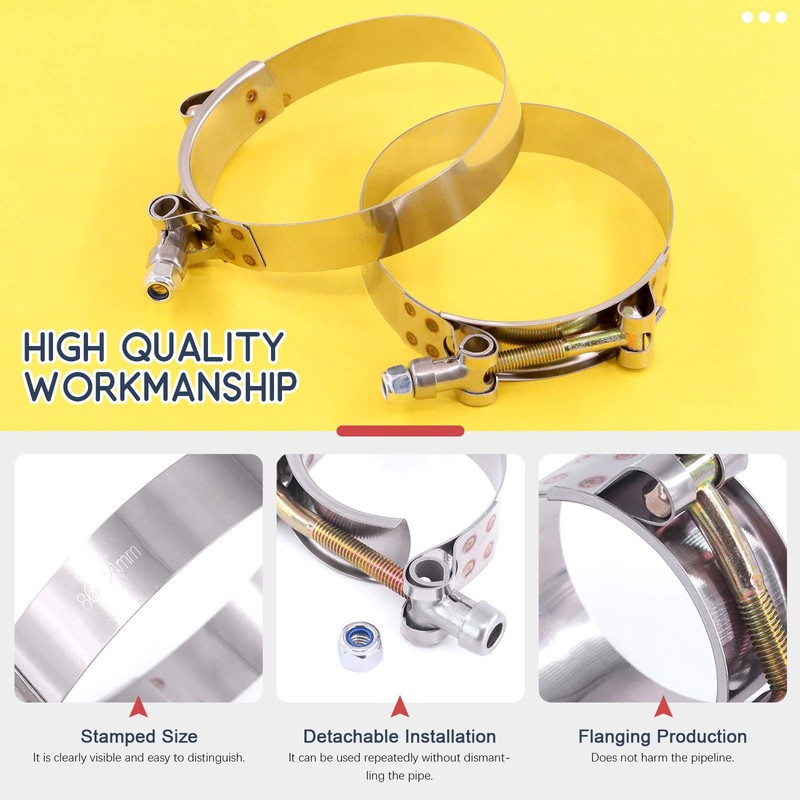 Hilitchi 2Pcs Stainless Steel T-Bolt Clamps with Rounded Band Edges