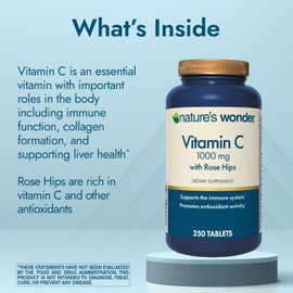 Nature's Wonder Vitamin C 1000 mg with Rose HIPS Tablets for Immune Health, 250 Servings, 250 Count