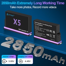 Artman 360 X5 Battery for Insta 360 X5, (2 Pack) 2850mAh 360 X5 Batteries and 2-Slot USB-C Fast Charger, Designed Specifically for Insta 360 X5 Action Camera, Portable and with Misro SD Card Slots
