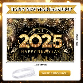 VitalCozy 72 x 44 Inches Happy New Year 2025 Illuminated Banner Backdrop New Year Decoration Background with Light New Year's Eve Party Decorations Holiday New Year Party Celebration Poster Props