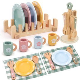 HAPGFS Wooden Play Kitchen Accessories Set with Detachable Dish Rack and Utensil Holder - Complete Set for Toddlers 3-5, Includes Plates and Cups, Colorful Cutlery for Pretend Play, Ideal Gift
